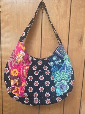 Vera Bradley Quilted Patchwork Floral Hobo Bag - Black with Pink & Teal Panels